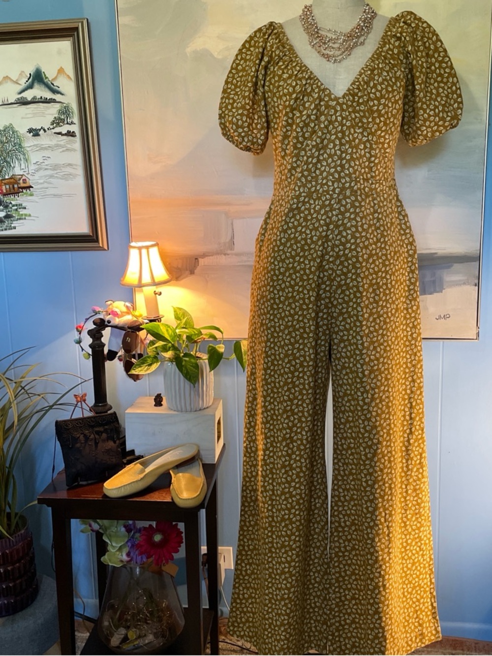 Kori Mustard Yellow Puff-Sleeve Wide-Leg Printed Jumpsuit